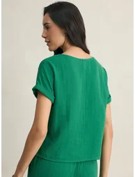 Solid Crinkled Turn-Up Sleeve Top - 2