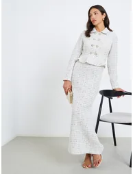 Women White Tweed Double Breasted Blazer Maxi Dress