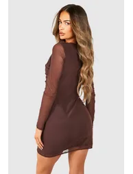 Mesh Cross Over Ruched Mini Dress - chocolate - 1
