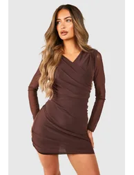 Mesh Cross Over Ruched Mini Dress - chocolate