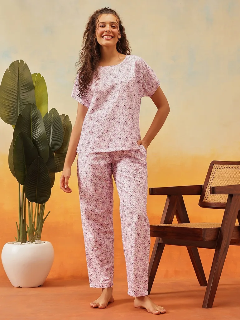 Rayon Floral Print Top and Pyjama Set - 5