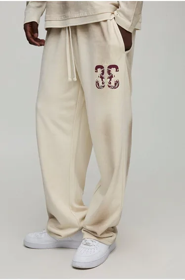 Oversized Varsity Graphic Washed Joggers - ecru