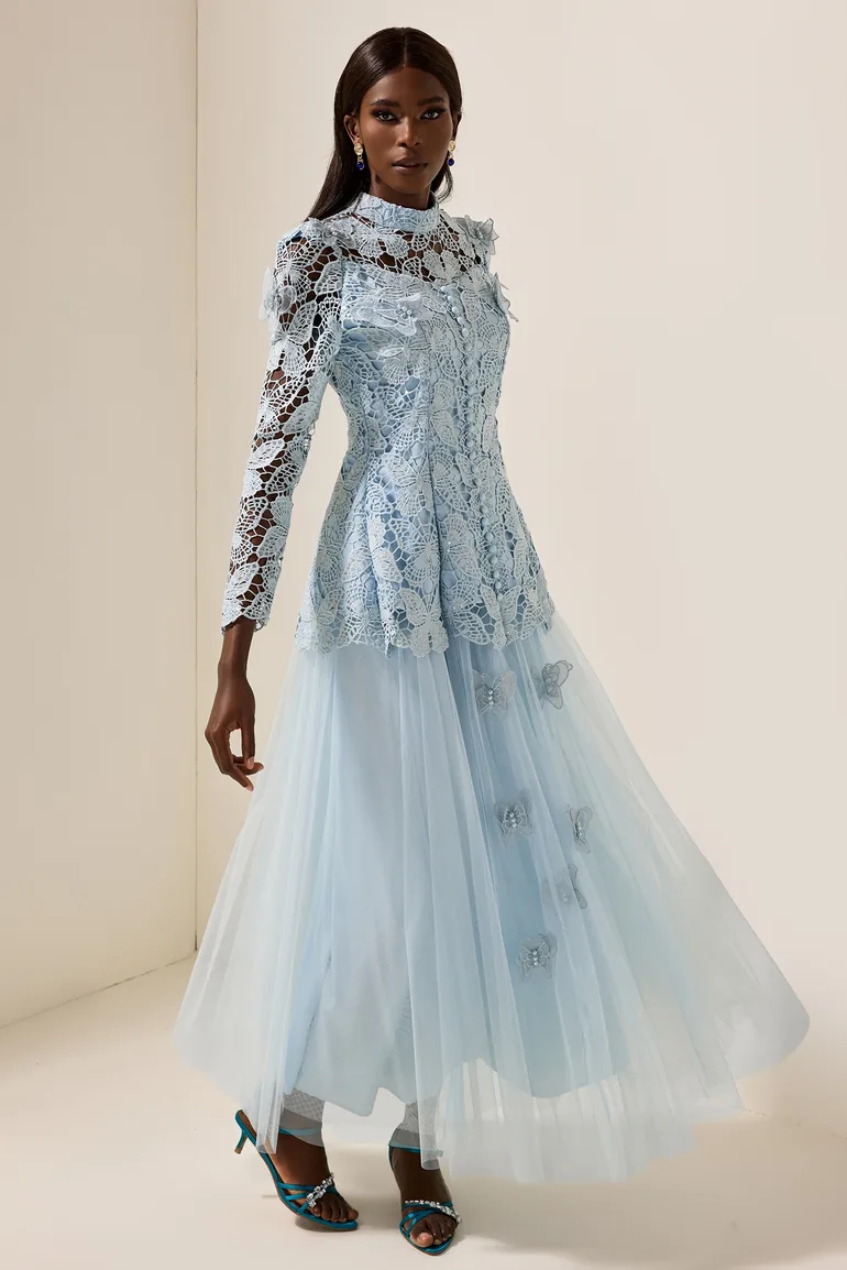 Juliette Embroidery Top & Mesh Midi Skirt Set in Blue