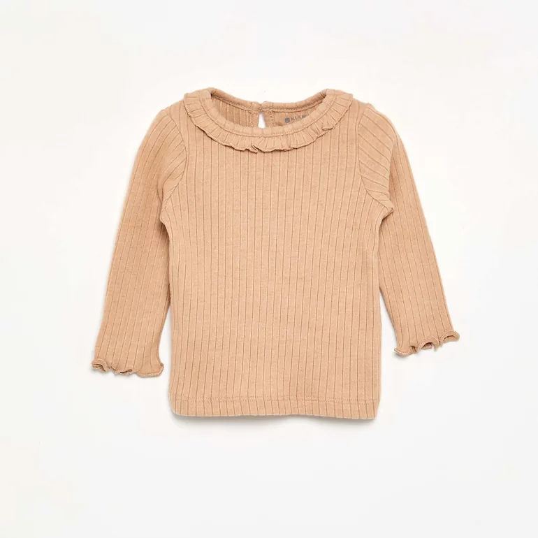 Ribbed T-shirt with ruffled collar and cuffs BEIGE - 1