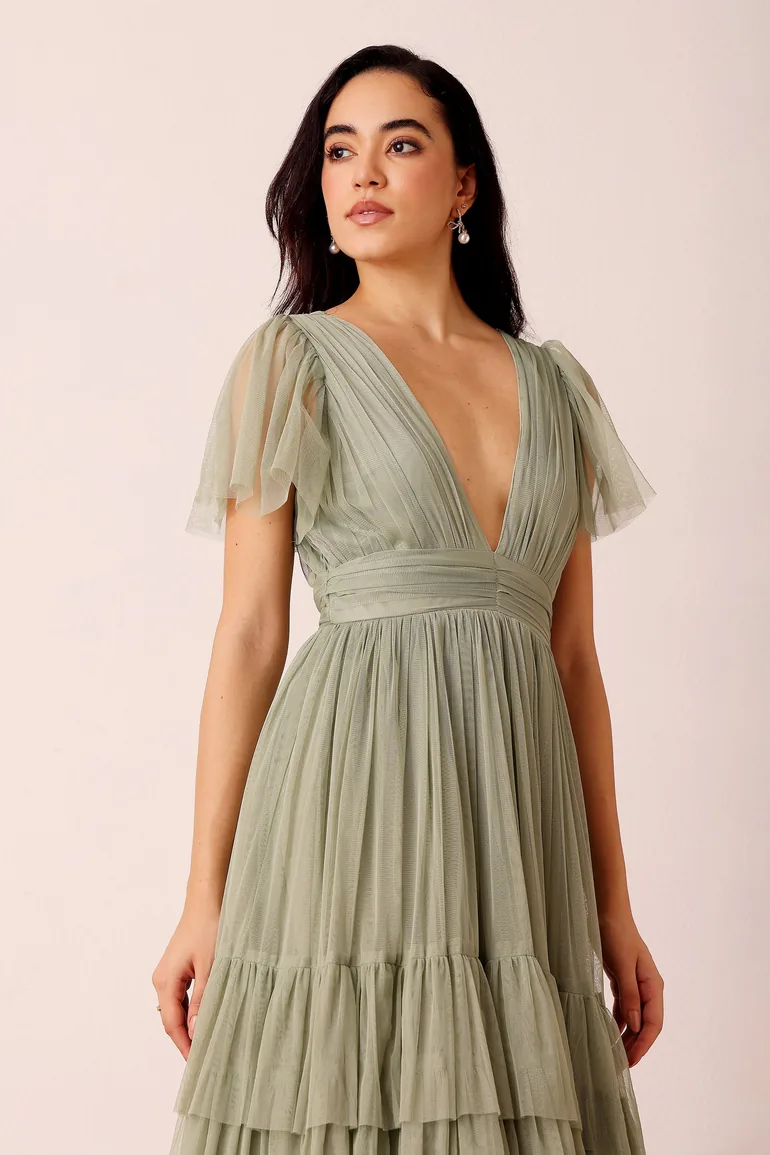 Madison Dusty Sage Tulle Bridesmaid Midi Dress - 6