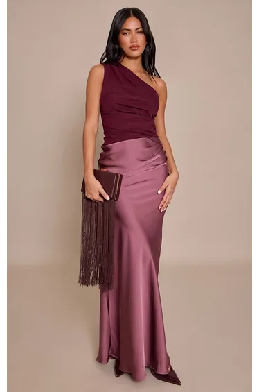 Purple One Shoulder Satin Contrast Maxi Dress