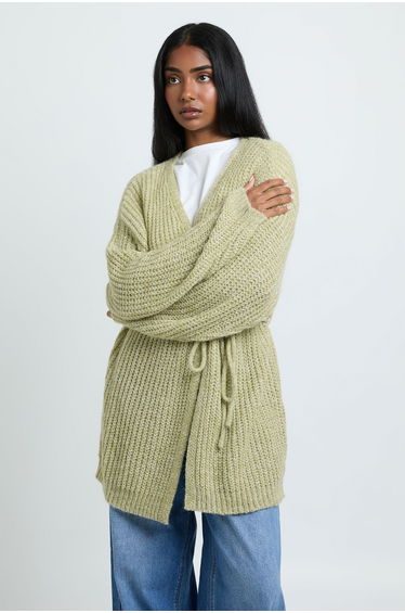 Soft Knit Tie Waist Oversized Boyfriend Cardigan - sage product thumbnail 2