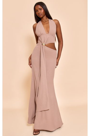 Taupe Textured Plunge Trim Maxi Dress