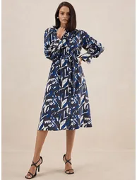 Abstract Print Tie Belt Midi Dress - 2