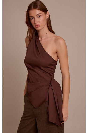 Dark Chocolate Woven One Shoulder Drape Detail Top product thumbnail 3