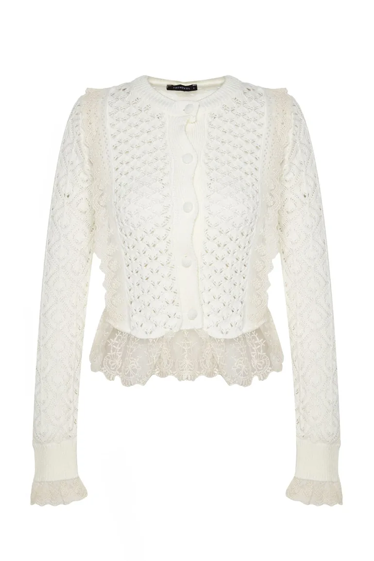 Ecru Crop Lace Openwork/Perforated Knitwear Cardigan - 3