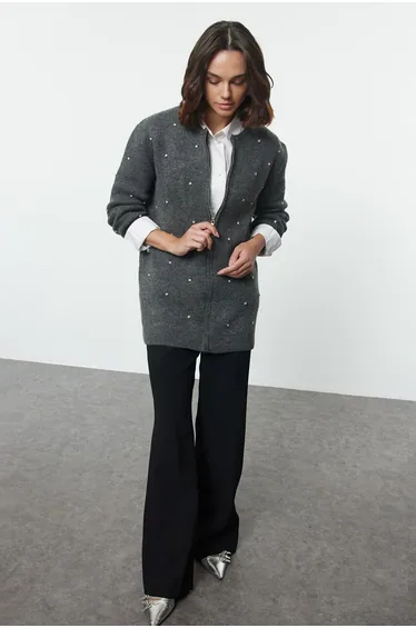 Gray Stone Detailed Knitwear Cardigan