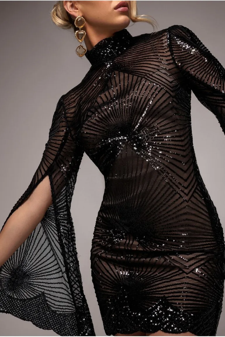 Sequin Starburst Cape Sleeve Mini Dress - Black by Goddiva - 5