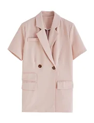 Flap Pockets Trim Short-Sleeve Blazer in Pink - 3