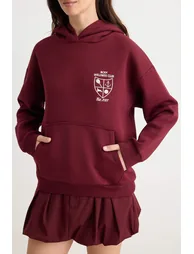 Burgundy Embroidered Oversize/Wide Fit Thick Fleece Lined Knitted Sweatshirt - 2