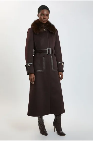 Faux Fur Collar Textured Belted Midi Coat