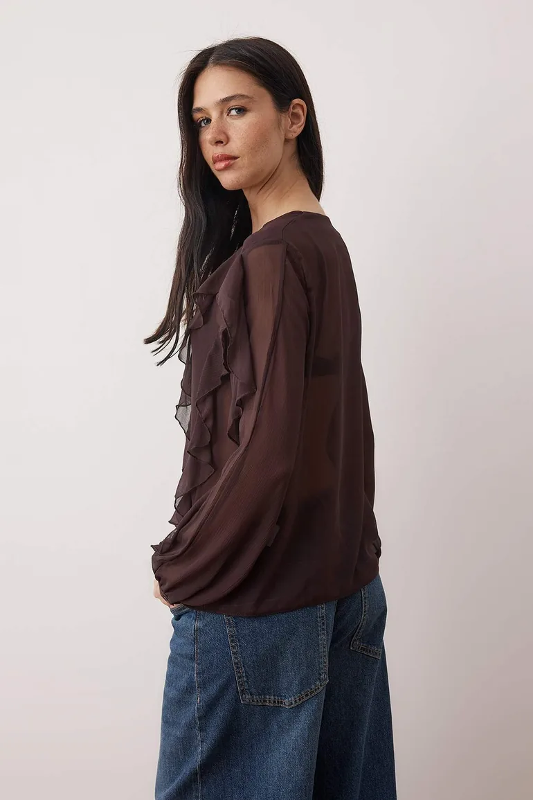 Brown flounced bohemian shirt - 3