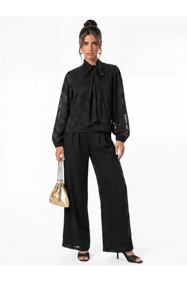 Anaya With Love Recycled Black Floral Burnout High Waist Wide Leg Trousers