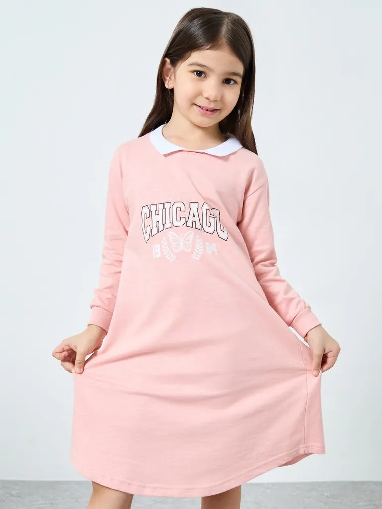Girls Pink Graphic Print Casual Dress - 1
