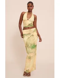 Green Abstract Print Ruched Detail Flowy Maxi Skirts