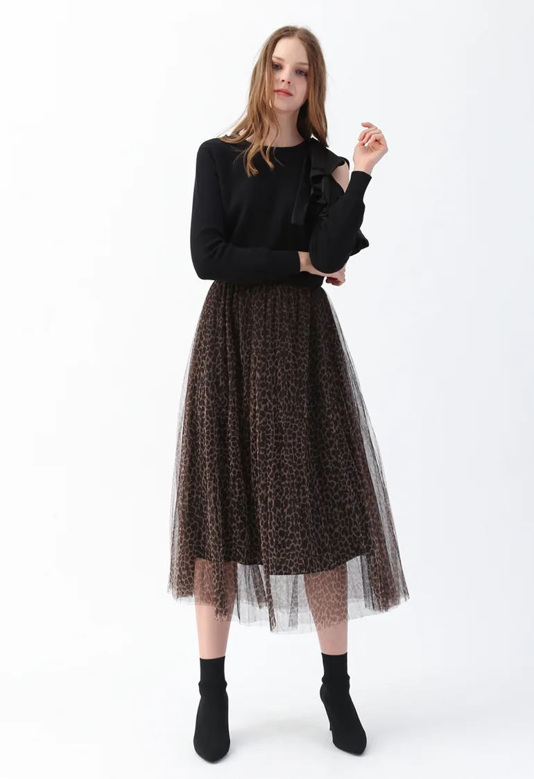 Leopard Printed Double-Layered Mesh Tulle Pleated Skirt - 5