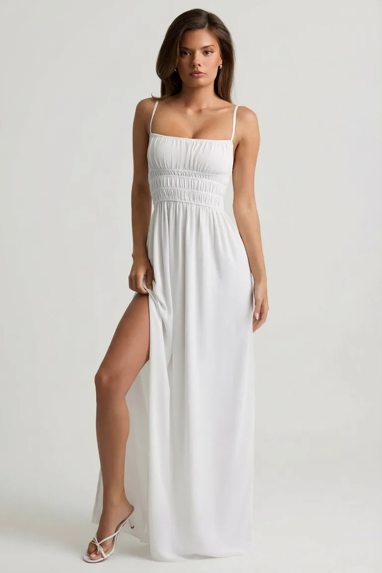 Shirred Camisole Maxi Dress in White - 6