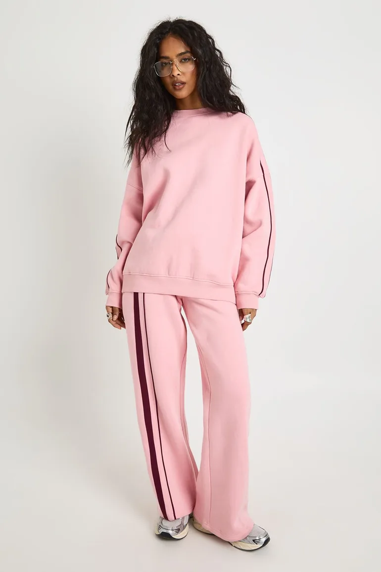 Double Side Striped Oversized Sweatshirt - baby pink