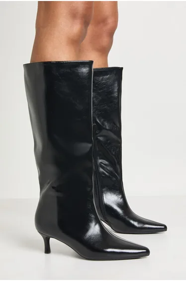 Pointed Toe Low Heel PU Knee High Boots - black