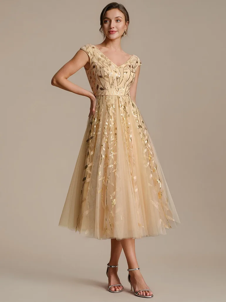V-Neck Midi Sequin Sleeveless Wedding Guest Dress - 3