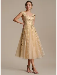 V-Neck Midi Sequin Sleeveless Wedding Guest Dress - 3