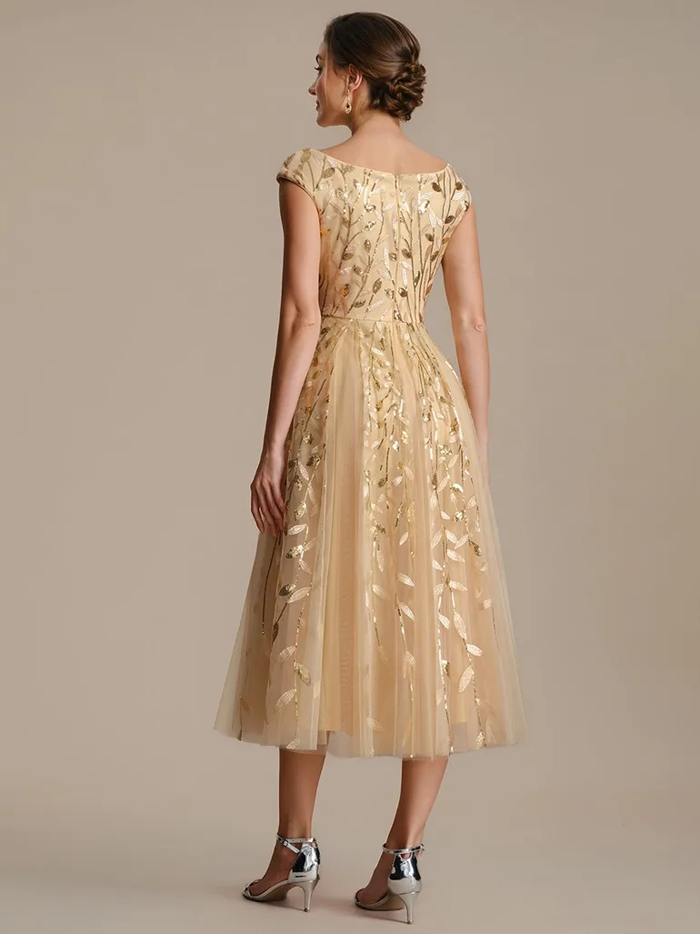 V-Neck Midi Sequin Sleeveless Wedding Guest Dress - 1