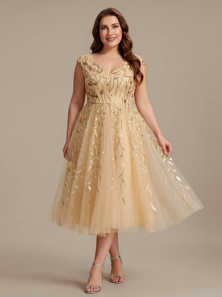 V-Neck Midi Sequin Sleeveless Wedding Guest Dress - 5