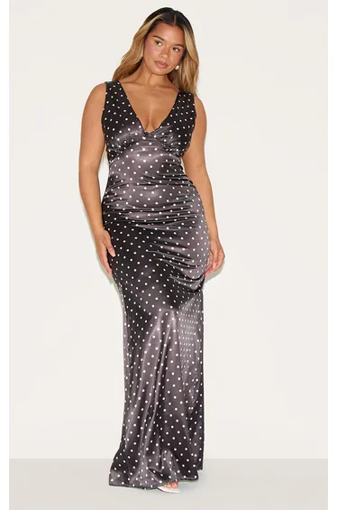 Shape Chocolate Satin Polka Dot Plunge Front Maxi Dress