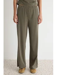 Khaki Plain Fitted/Sleeveless High Neck Knitted Bottom - Top Set with Lyocell Content - 2