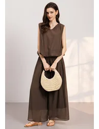 Lightweight V-Neck Sleeveless Top and Pants Set in Brown for Weekend Outings & Beach Vacations
