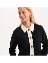 Two-Tone Cotton/Wool Blend Polo Collar Cardigan - 2