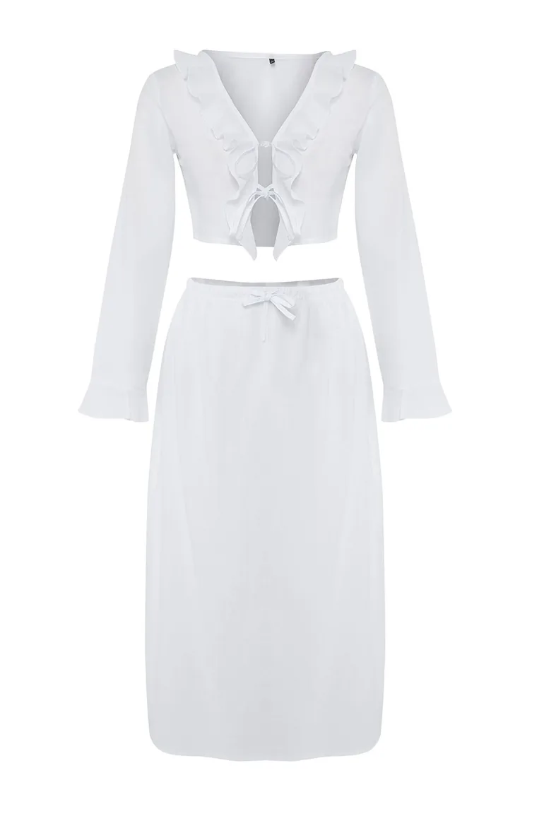 White Woven Frilly Binding Detailed Beach Blouse Skirt Suit - 4