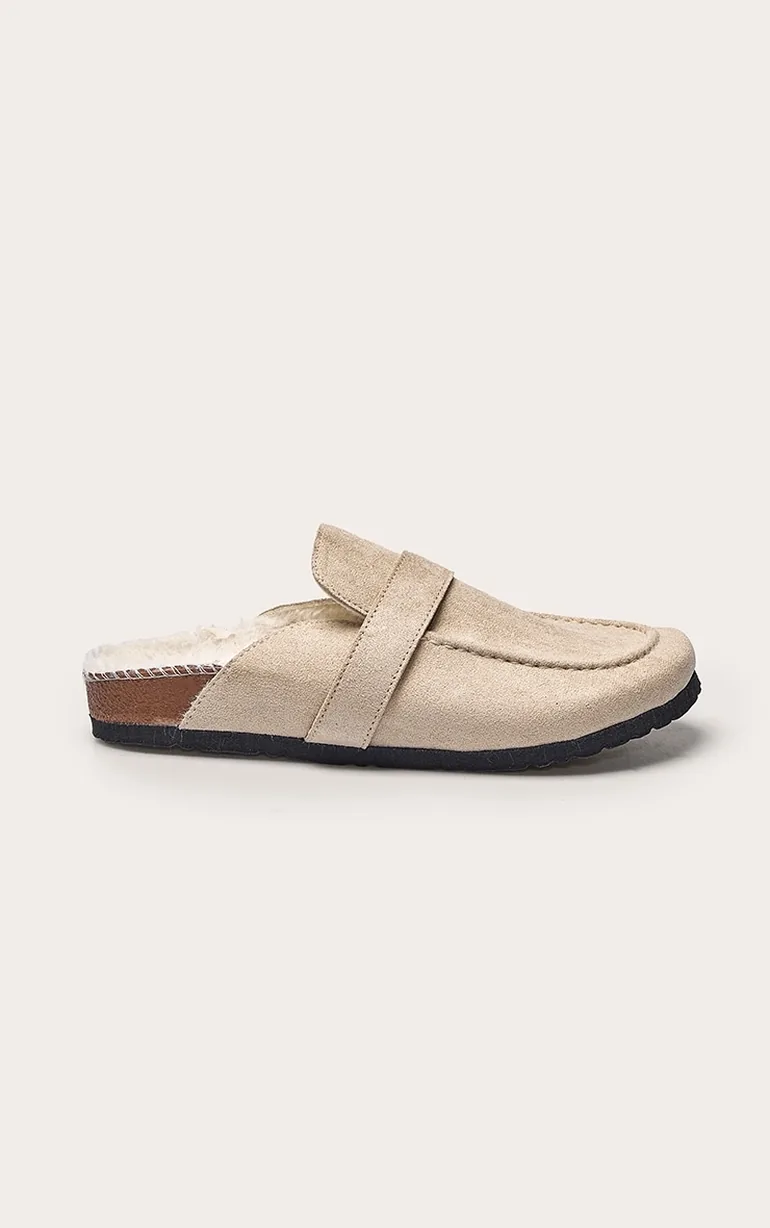 Taupe Faux Suede Faux Fur Lined Mules - 2