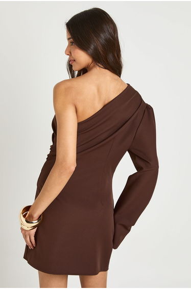 One Shoulder Woven Ruched Mini Dress - chocolate product thumbnail 3