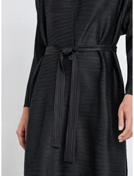Solid Textured Pleated Belted Button Front Detail Long Sleeve Abaya - 3