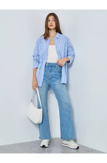 Medium Blue High Rise Faded Flared Jeans