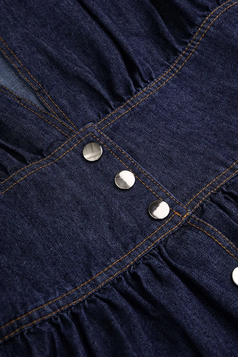 Denim V-Neck Ruched Button Short Sleeve Maxi Dress - 3