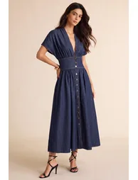 Denim V-Neck Ruched Button Short Sleeve Maxi Dress