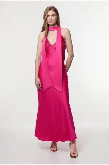 Halter Pleated Woven Maxi Dress