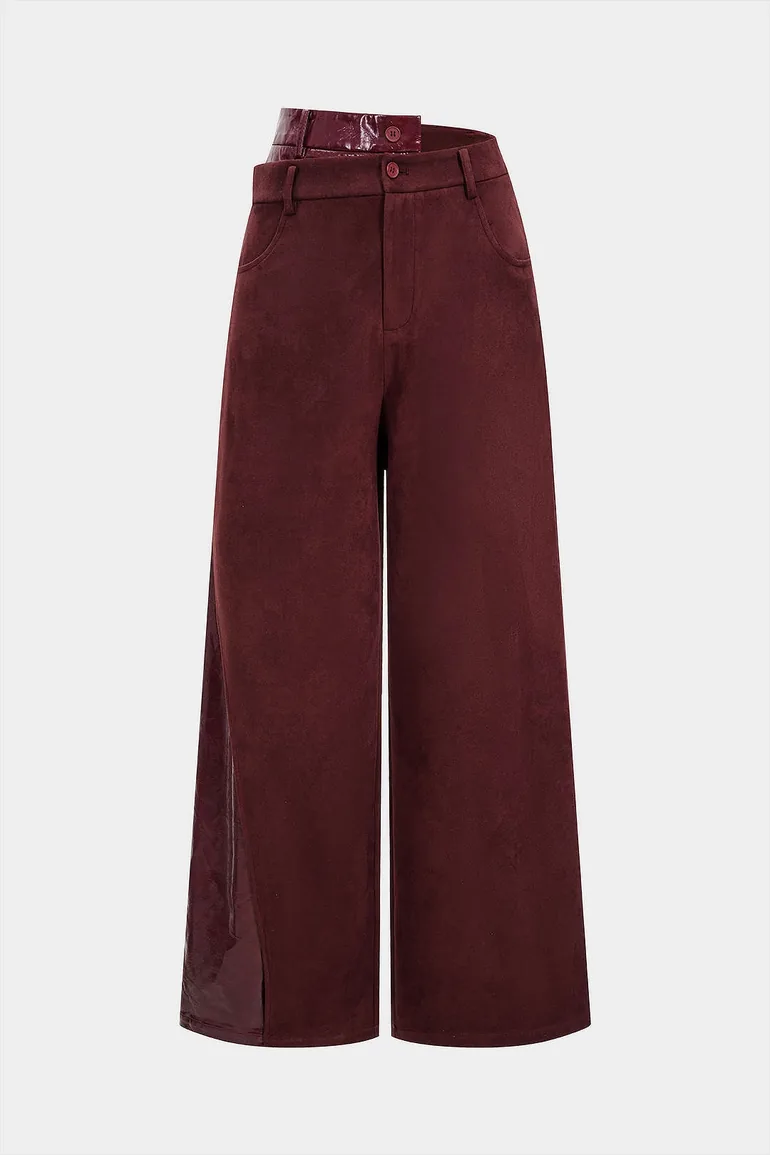 Faux Leather Suede Patchwork High Waist Asymmetrical Pants