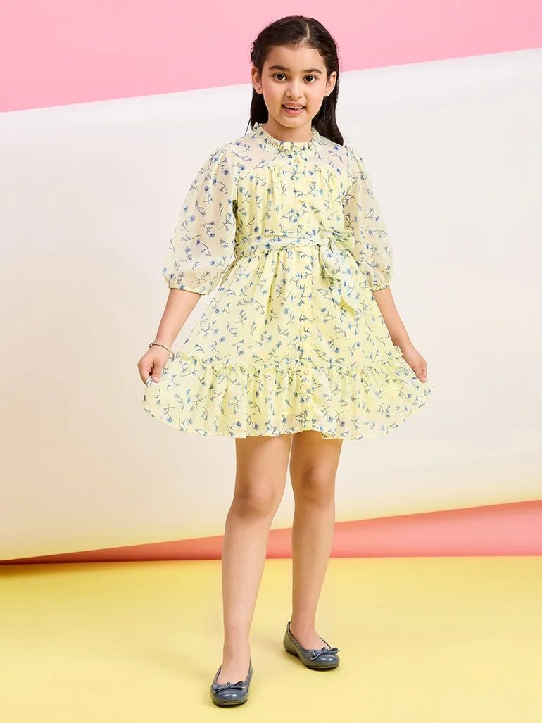 Girls Yellow Floral Printed Balloon Sleeve Dress - 1