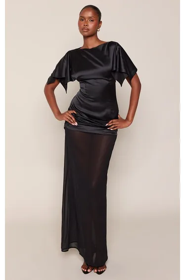 Black Satin Chiffon Contrast Flutter Sleeve Bodycon Maxi Dress