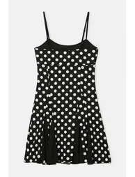 Black Polka Dot Patterned Thin Strap Knitted Plus Size Dress - 5