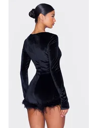 Black Velvet Long Sleeve Feather Trim Playsuit - 1