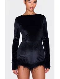 Black Velvet Long Sleeve Feather Trim Playsuit - 3